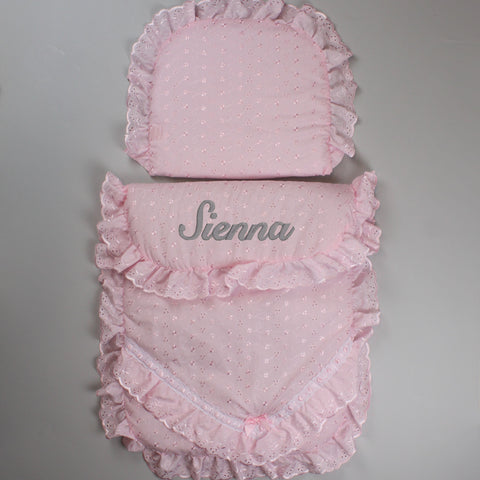 Personalised Pram set / Quilt and Pillow - Universal / Broderie Anglaise Pink