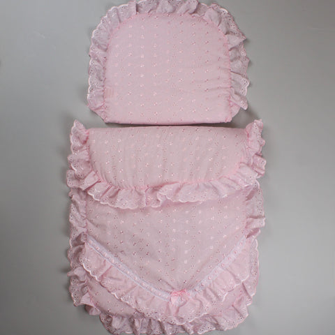 Pram Set  / Quilt and Pillow - Broderie Anglaise Pink - Baby Girl