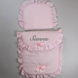 baby girls pink pramset embroidered with name