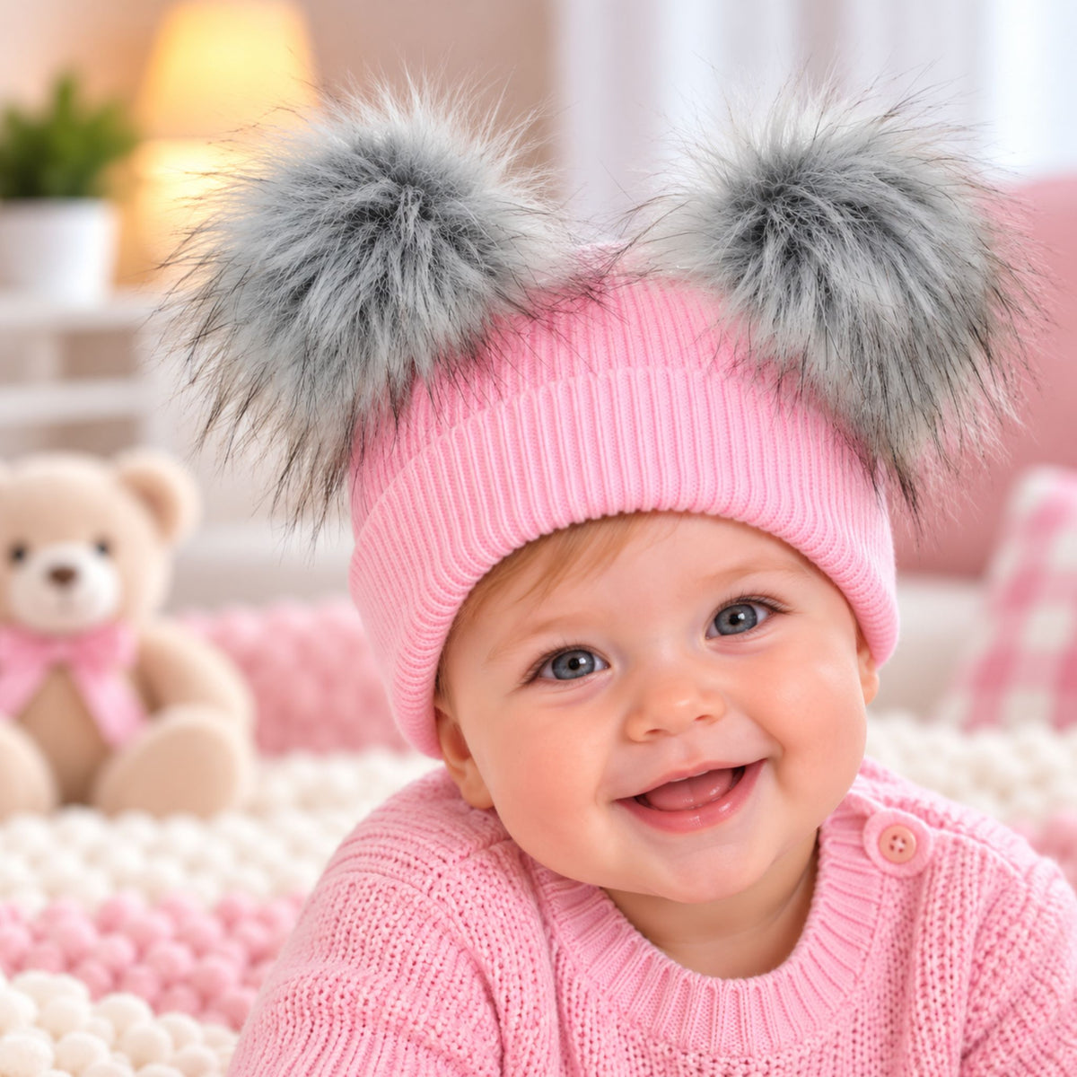 Baby Knitted Double Pom Pom Hat with Grey Faux Fur Poms (6–12 Months)