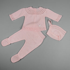 baby girls pink three piece knitted outfit with matching bonnet