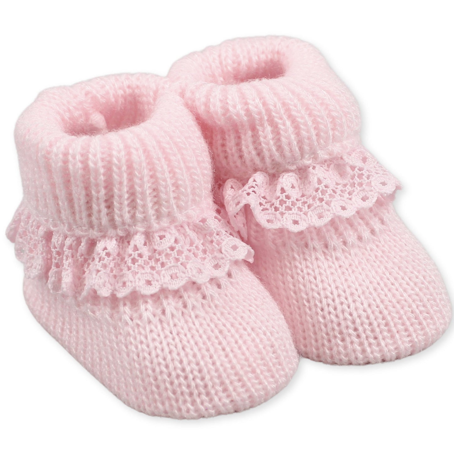 Pink Baby Knitted Booties with Lace Newborn to 6 months