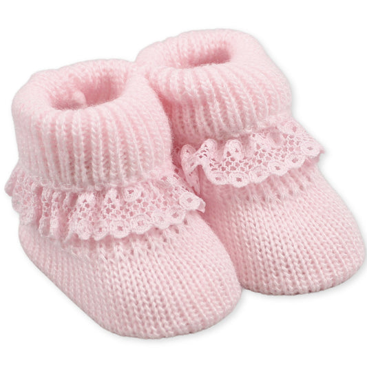 Pink Baby Knitted Booties with Lace Newborn to 6 months
