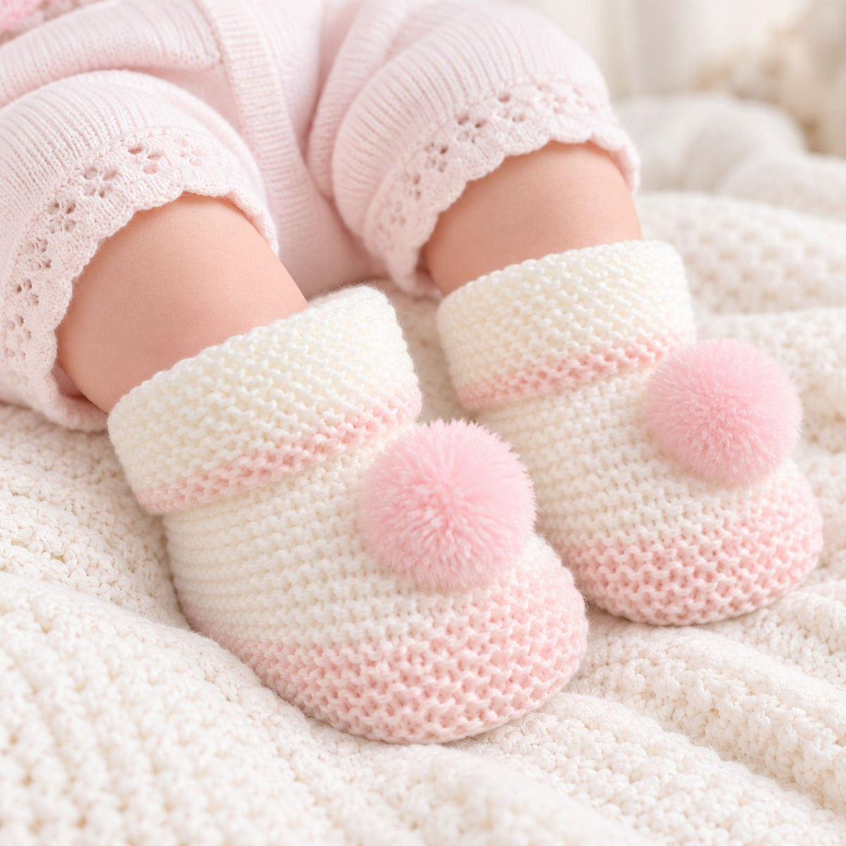 A close-up of a baby's feet wearing cream and pink crocheted booties with fluffy pink pompoms, resting on a soft cream knit blanket.