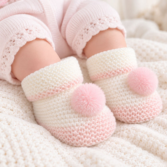 A close-up of a baby's feet wearing cream and pink crocheted booties with fluffy pink pompoms, resting on a soft cream knit blanket.