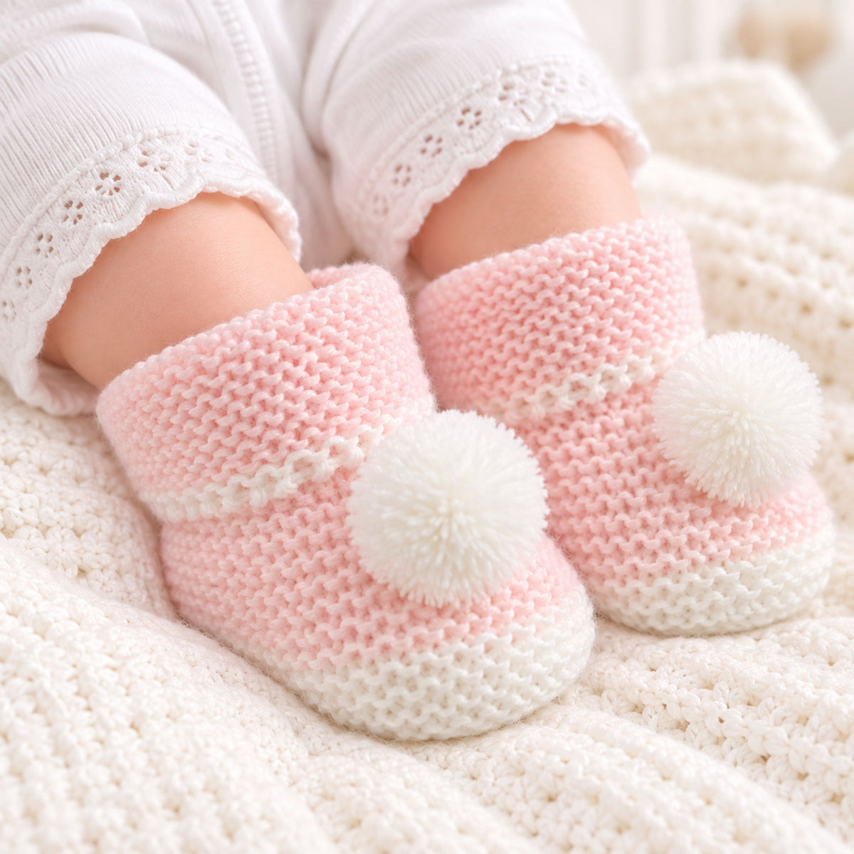 baby pink booties with pom pom