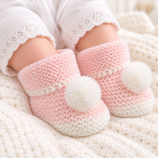 baby pink booties with pom pom