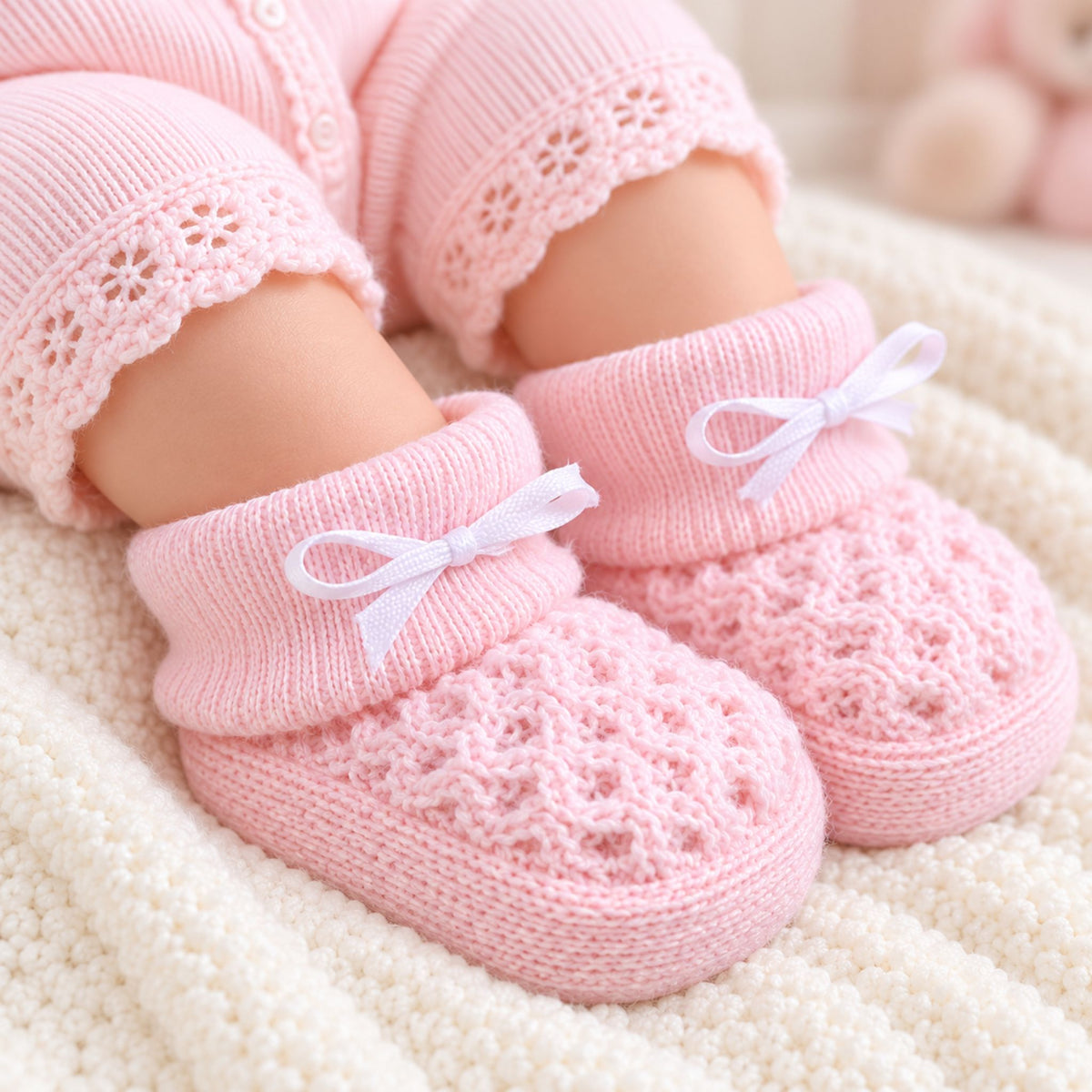 A close-up of a baby's feet wearing light pink knit booties with white ribbon bows, resting on a textured cream blanket.