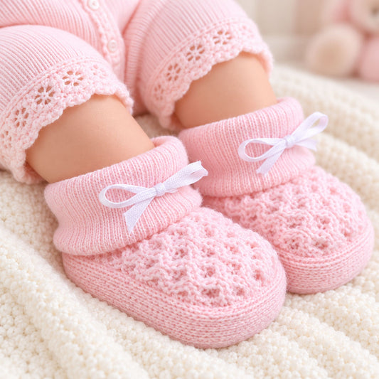 A close-up of a baby's feet wearing light pink knit booties with white ribbon bows, resting on a textured cream blanket.