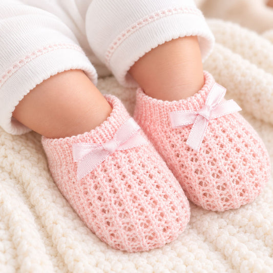 A close-up of a baby's feet wearing light pink knit slip-on booties with small bow details, resting on a soft cream knit blanket.