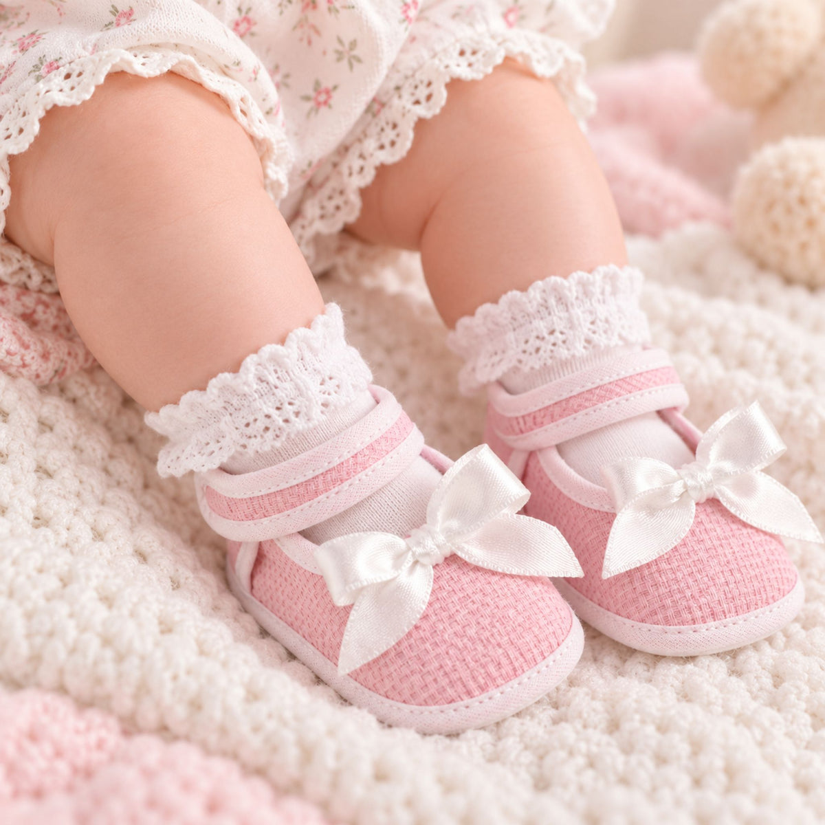 Pink/White Baby Girls Booties with Strap - Newborn to 6 months