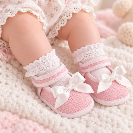 Pink/White Baby Girls Booties with Strap - Newborn to 6 months