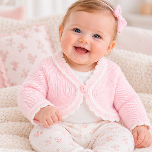 A smiling baby wearing a pink knit cardigan with white trim, a white top, and matching pink floral pants, sitting on a soft cream blanket with a pink bow in her hair.