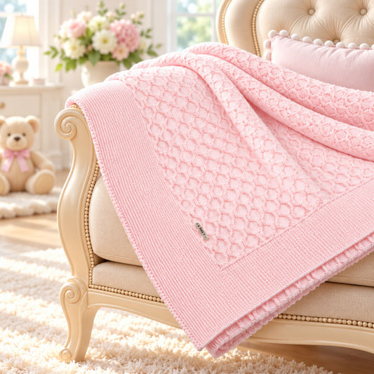 A soft pink knitted baby shawl with a textured honeycomb pattern and a matching border, draped over a cream tufted armchair in a bright, styled nursery setting.