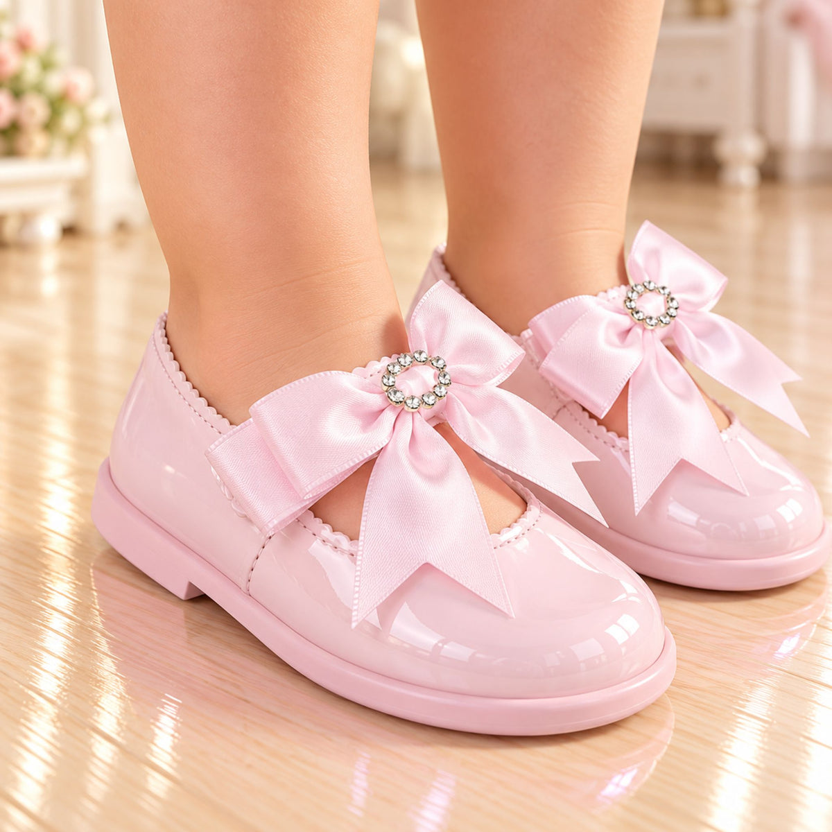 A pair of children's glossy pink patent Mary Jane shoes with large satin bows and jeweled center accents, shown being worn on a child's feet in a softly lit indoor setting.
