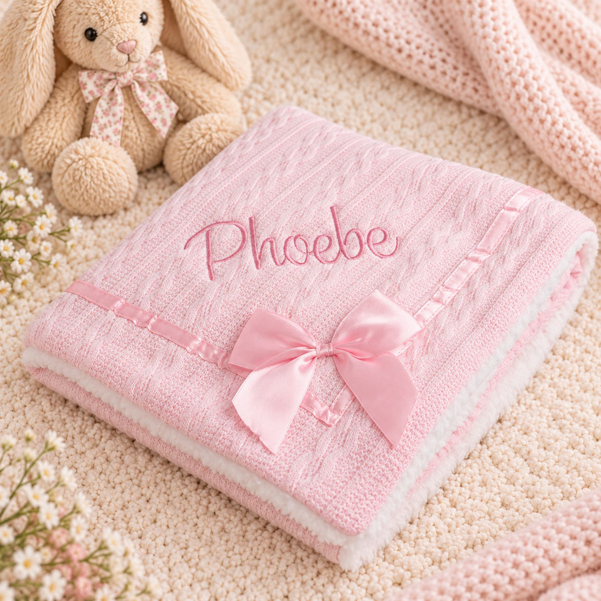Personalised Baby Blanket - Deluxe with Bow - Pink