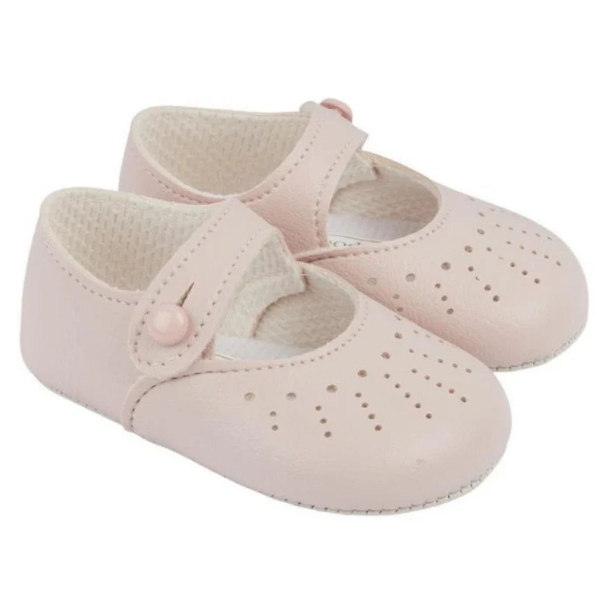 Pair of pink baby shoes with a strap on a white background