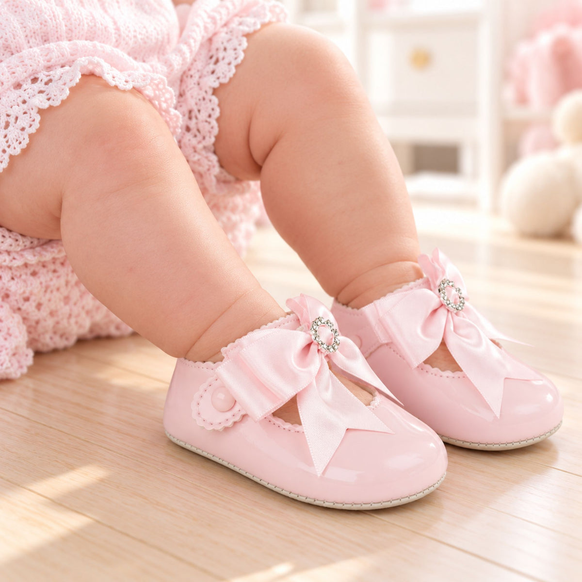 Baypods Baby Girls Pink Pram Shoes with Large Satin Bow (Soft Sole)