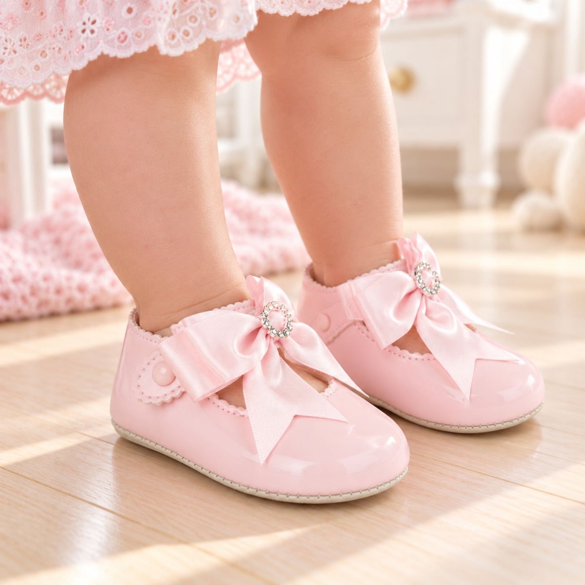 Baypods Baby Girls Pink Pram Shoes with Large Satin Bow (Soft Sole)