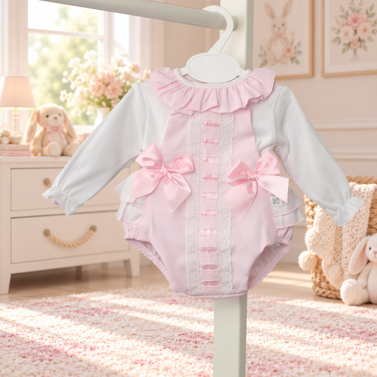A baby long-sleeve bodysuit in light pink and white, displayed on a hanger in a softly decorated nursery. The bodysuit features a ruffled collar, lace trim, pink satin bows on the sides, and lace button details down the front.