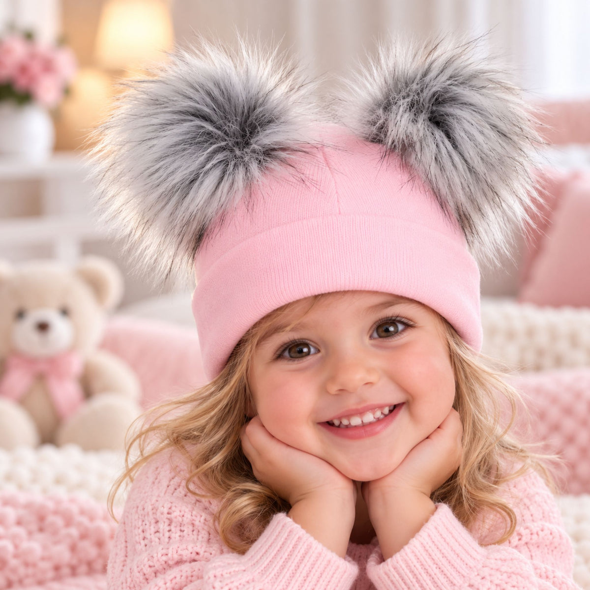 Kids Knitted Double Pom Pom Hat | Faux Fur Pom Hat (1–6 Years)