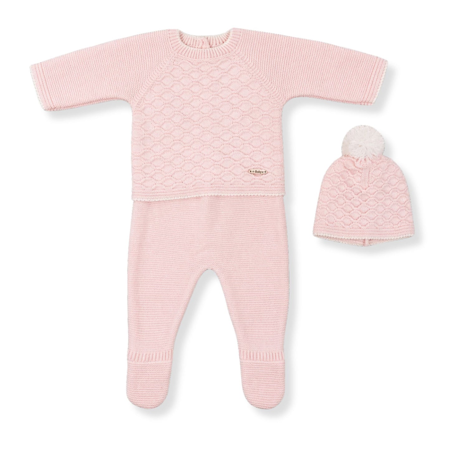 pink baby girl 3 piece knitted outfit in a spanish style