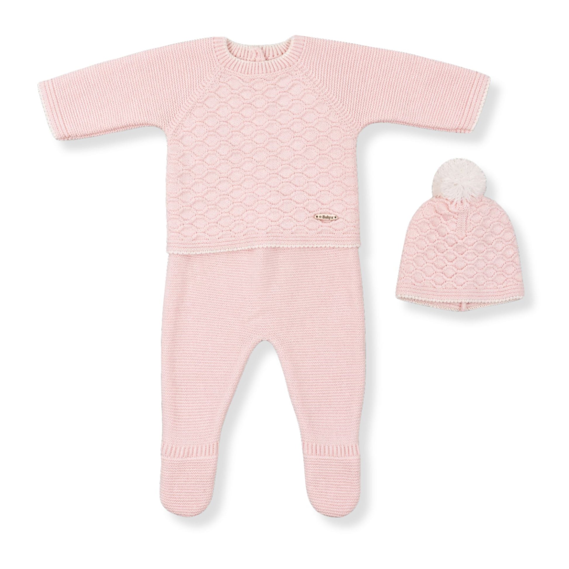pink baby girl 3 piece knitted outfit in a spanish style