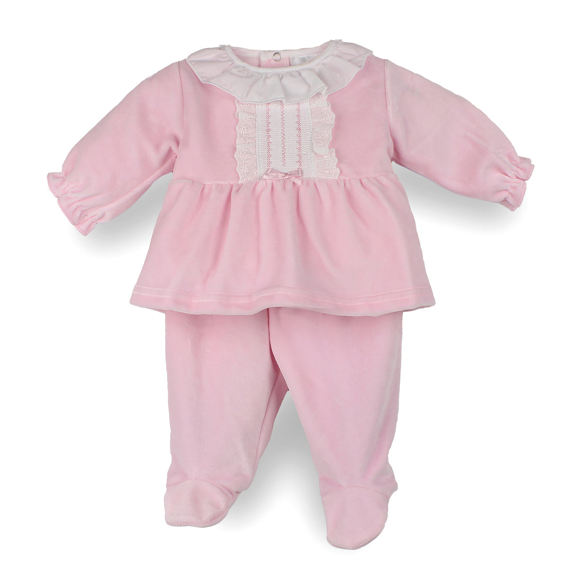 Pex baby girls pink velour two piece outfit with frill collar and footed trousers