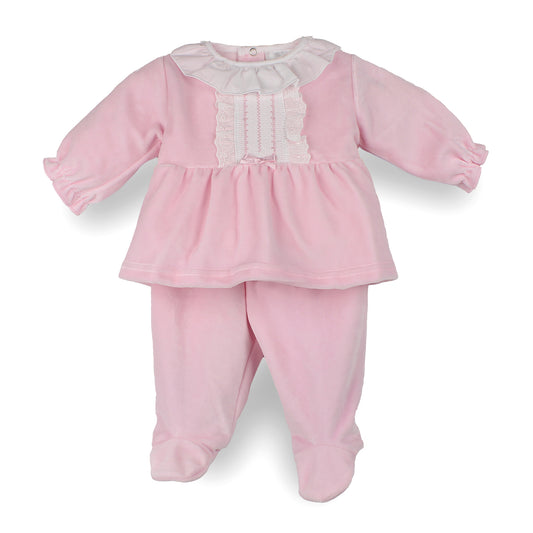 Pex baby girls pink velour two piece outfit with frill collar and footed trousers