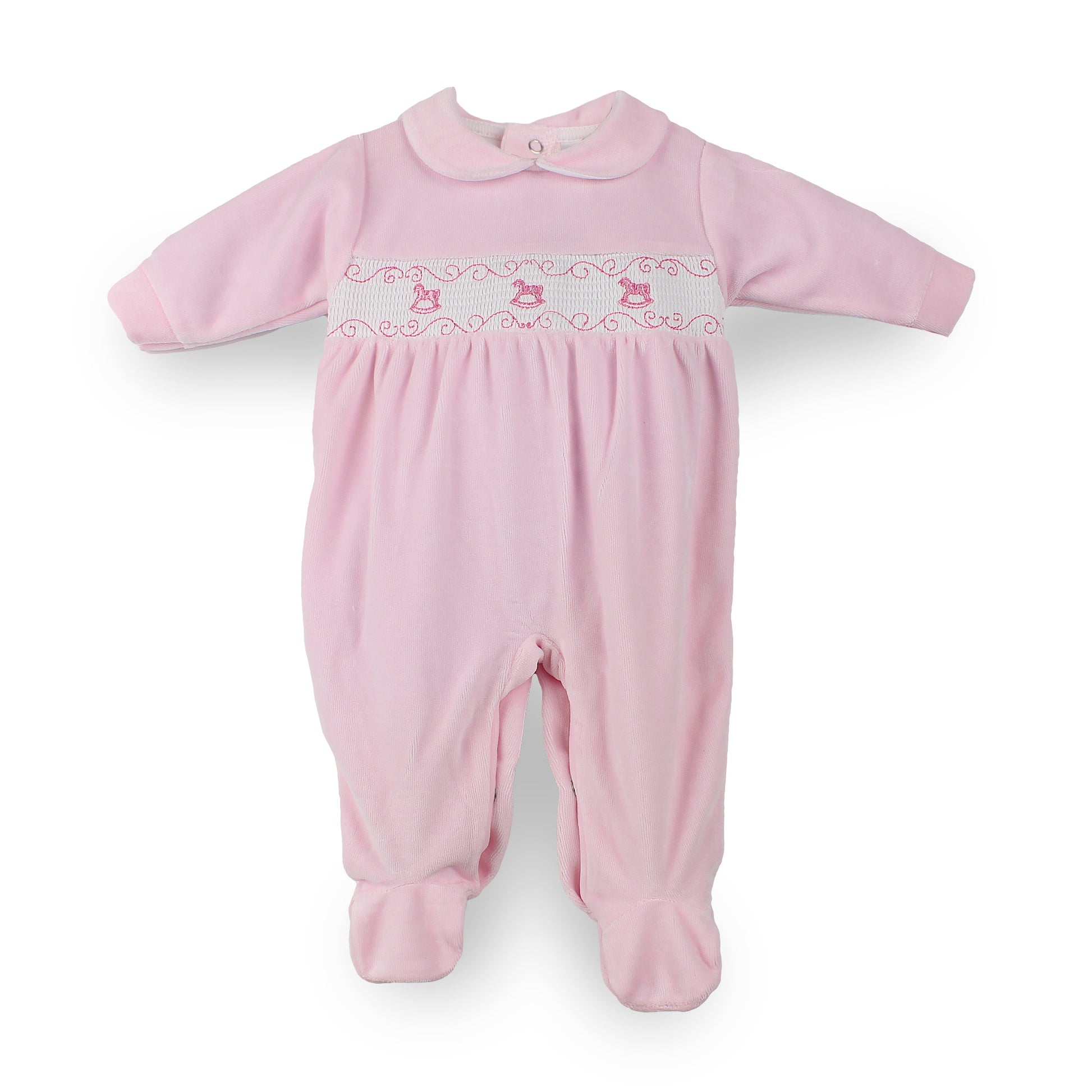 Pex pink velour baby sleepsuit with smocked rocking horse embroidery and rounded collar made in Portugal