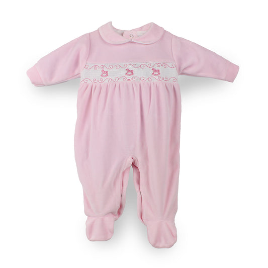 Pex pink velour baby sleepsuit with smocked rocking horse embroidery and rounded collar made in Portugal