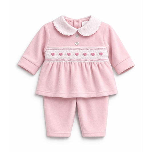 Kleo Kids Pink Velour Smocked Hearts Top & Trousers Set