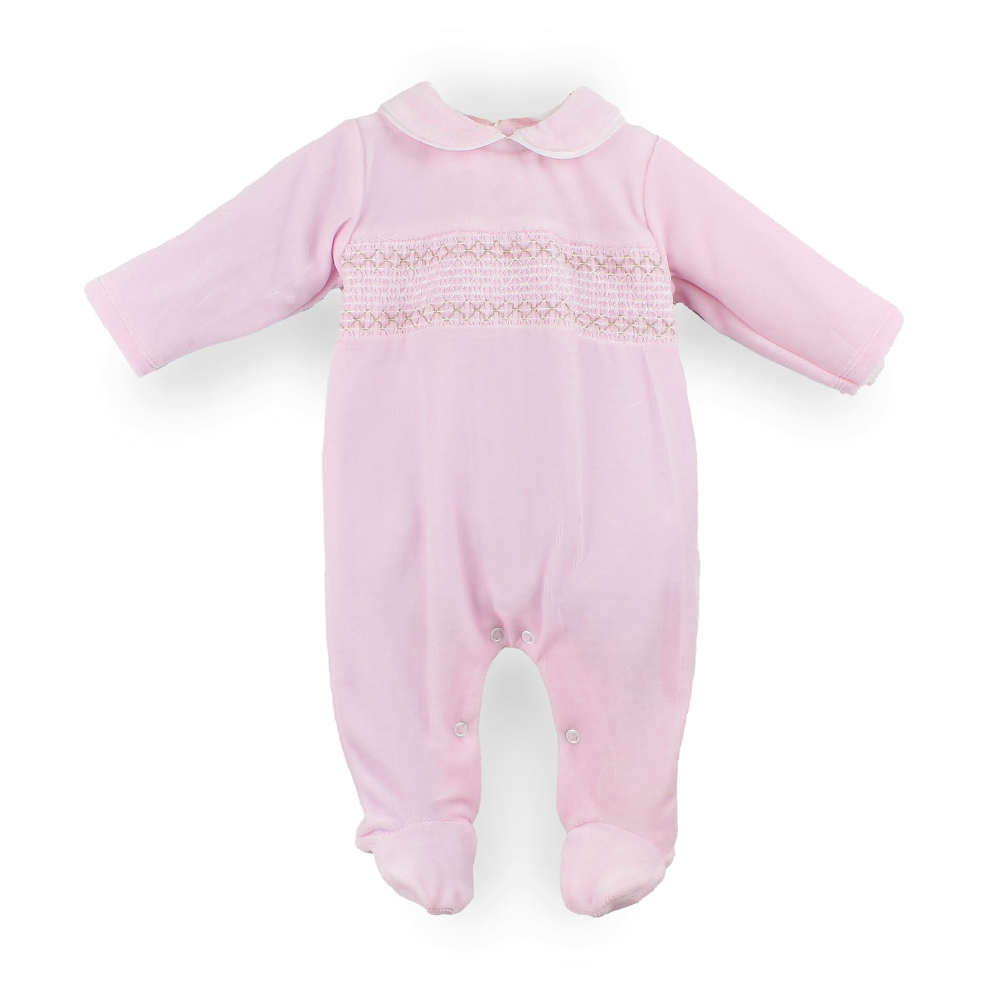 A baby pink footed sleeper with long sleeves, a Peter Pan collar, and delicate smocked detailing across the chest, displayed on a clean white background.