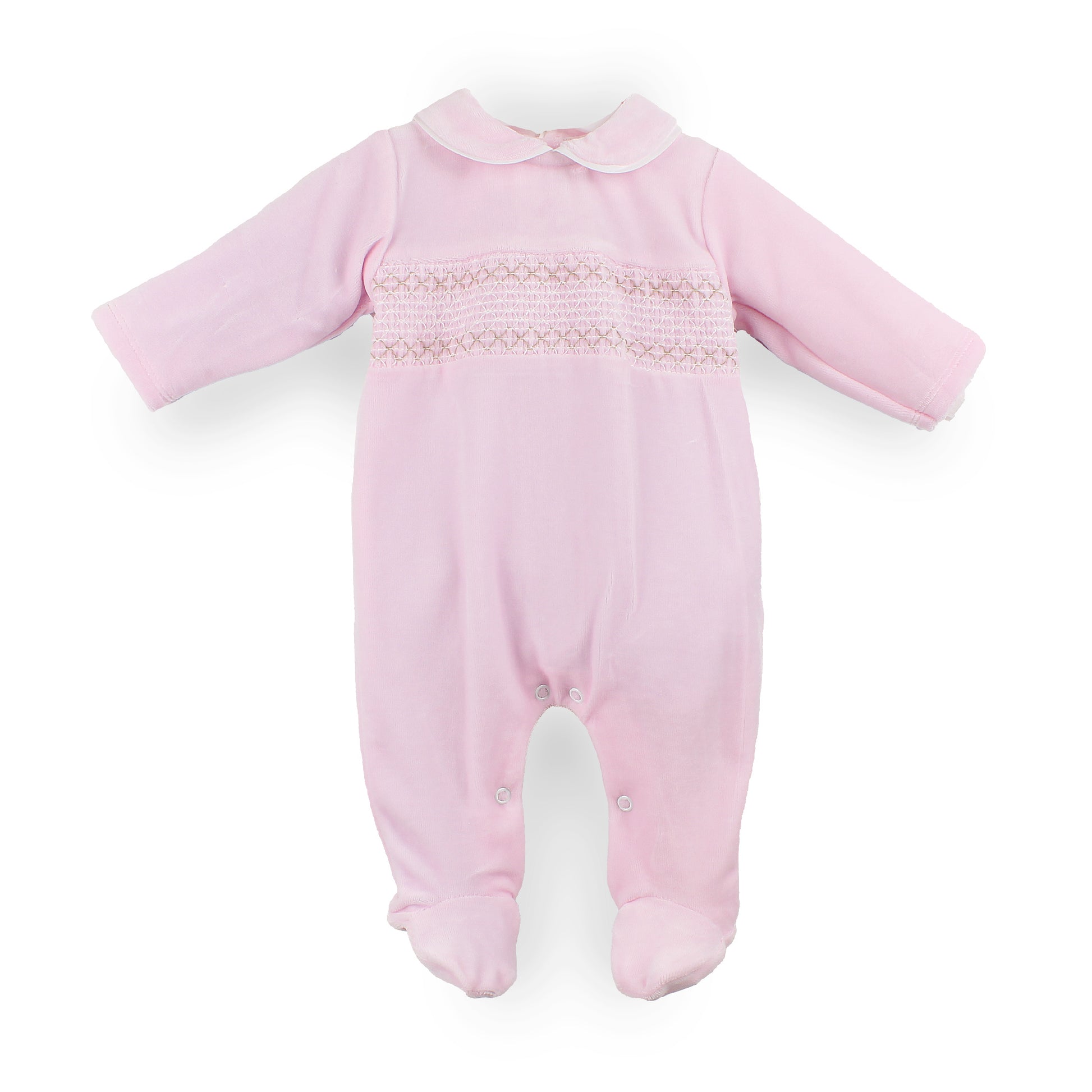 A baby pink footed sleeper with long sleeves, a Peter Pan collar, and delicate smocked detailing across the chest, displayed on a clean white background.