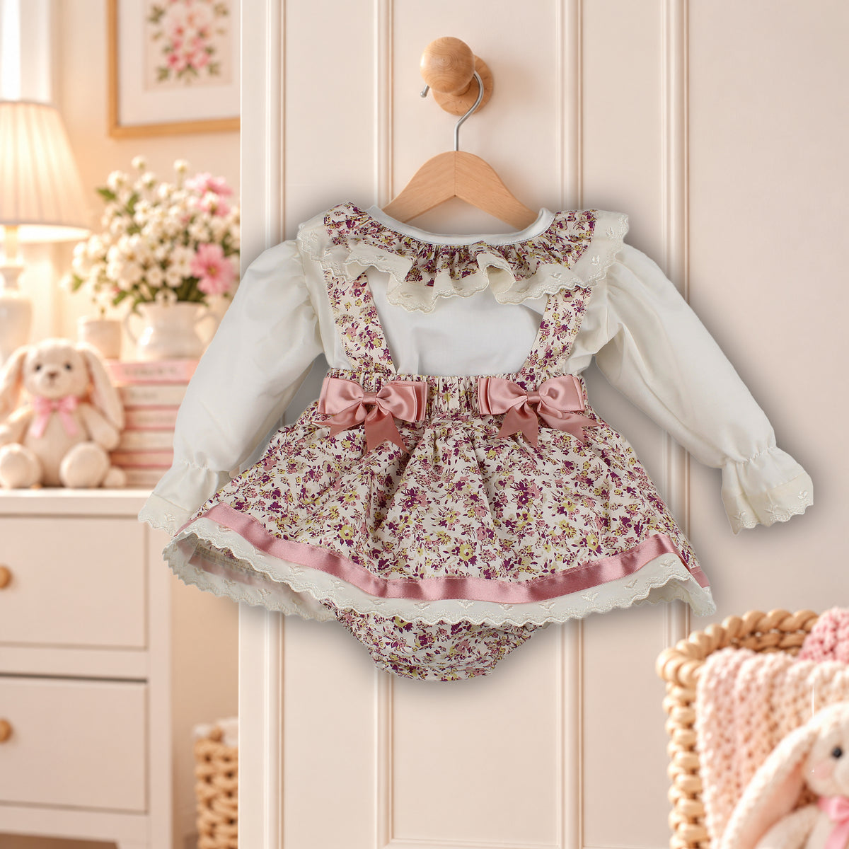 Baby Girls Ditsy Floral Blouse & Pinafore Skirt 2 Piece Outfit – Made in UK