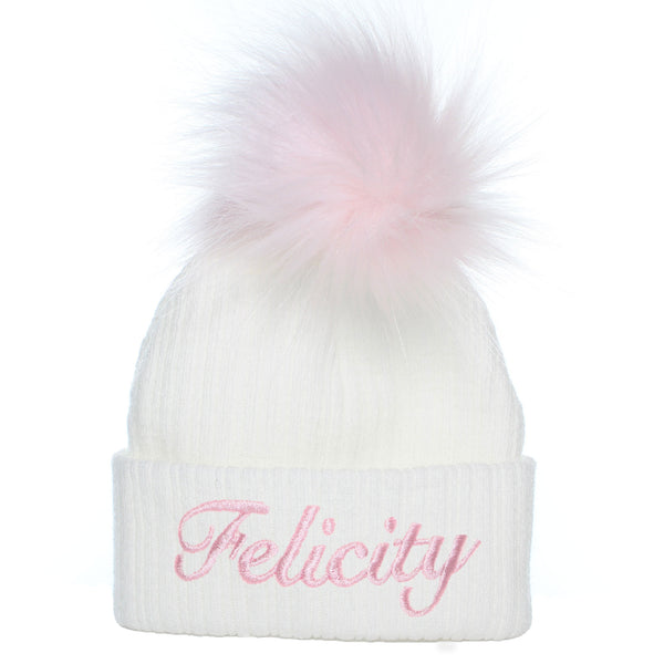 baby girls personalised white pink newborn hat