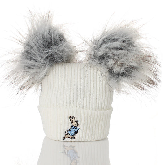White Newborn Baby Hat with Double Faux Fur Pom Poms & Rabbit Embroidery