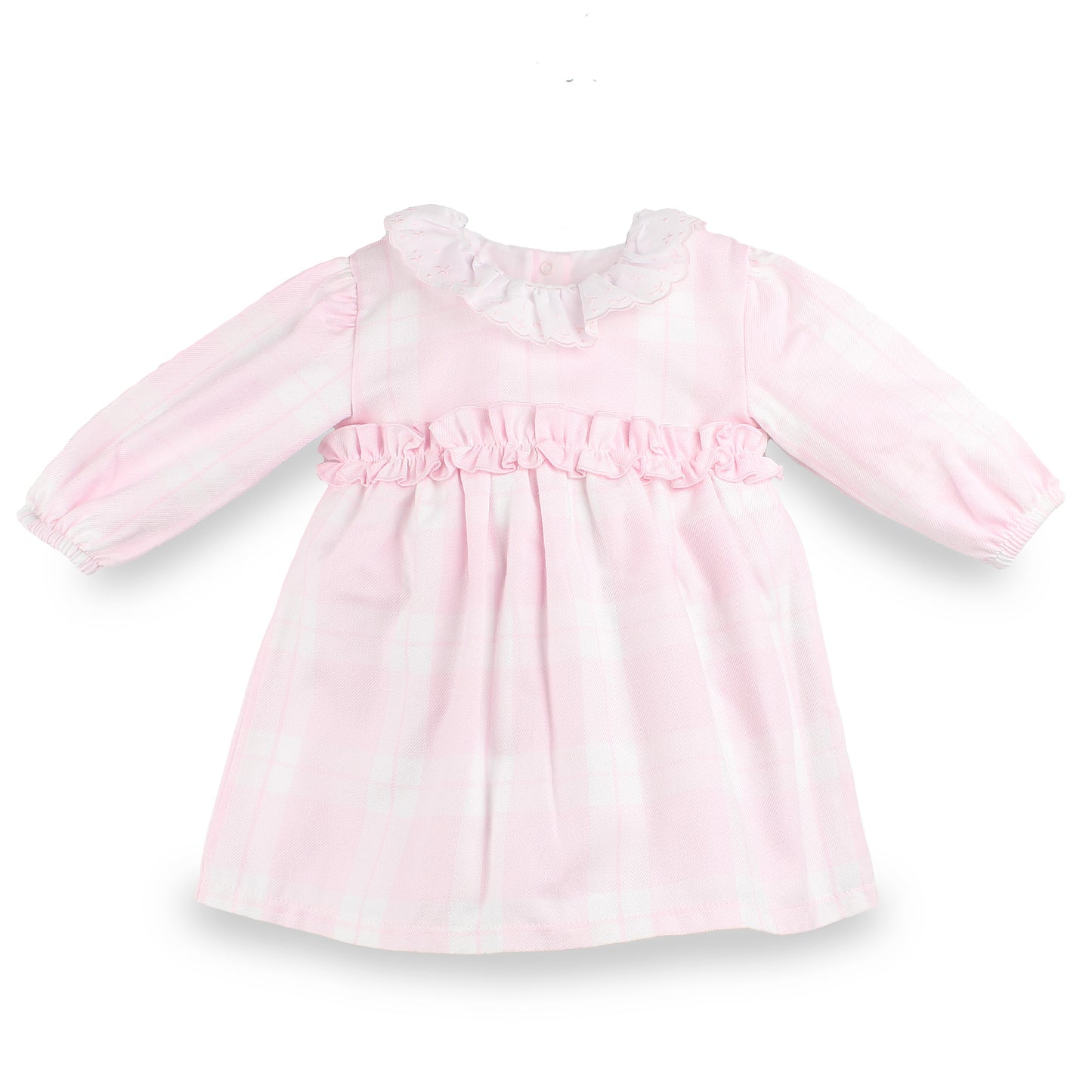 A light pink long-sleeve baby dress with a ruffled collar and a matching ruffled trim at the waist, featuring a subtle white gingham pattern, shown on a plain white background.