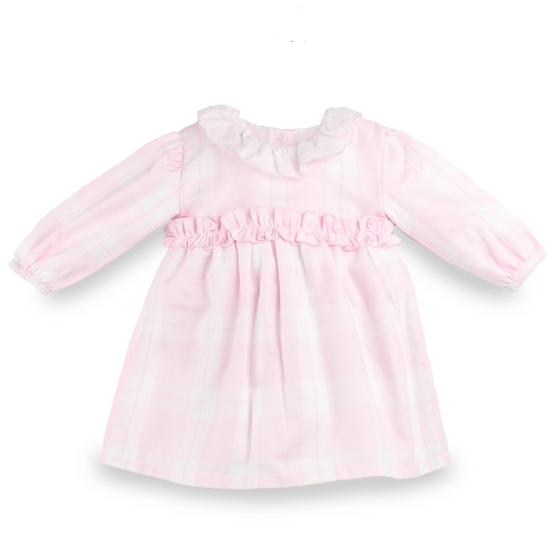 A light pink long-sleeve baby dress with a ruffled collar and a matching ruffled trim at the waist, featuring a subtle white gingham pattern, shown on a plain white background.