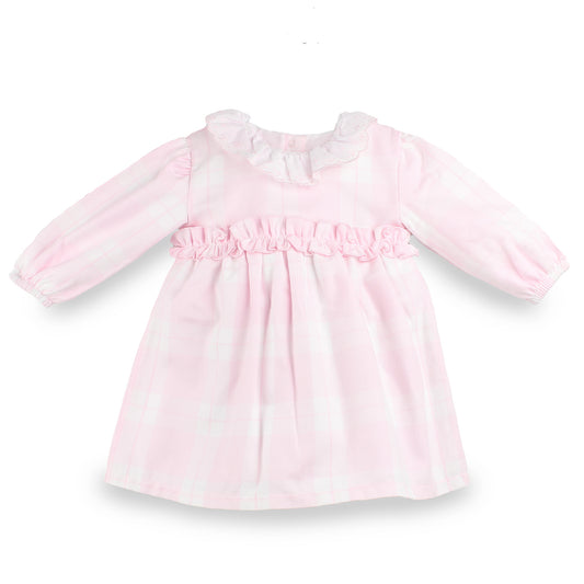 A light pink long-sleeve baby dress with a ruffled collar and a matching ruffled trim at the waist, featuring a subtle white gingham pattern, shown on a plain white background.