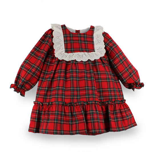 A toddler girl's long-sleeve dress in a red and black plaid pattern, featuring a white eyelet lace collar and ruffled trim.