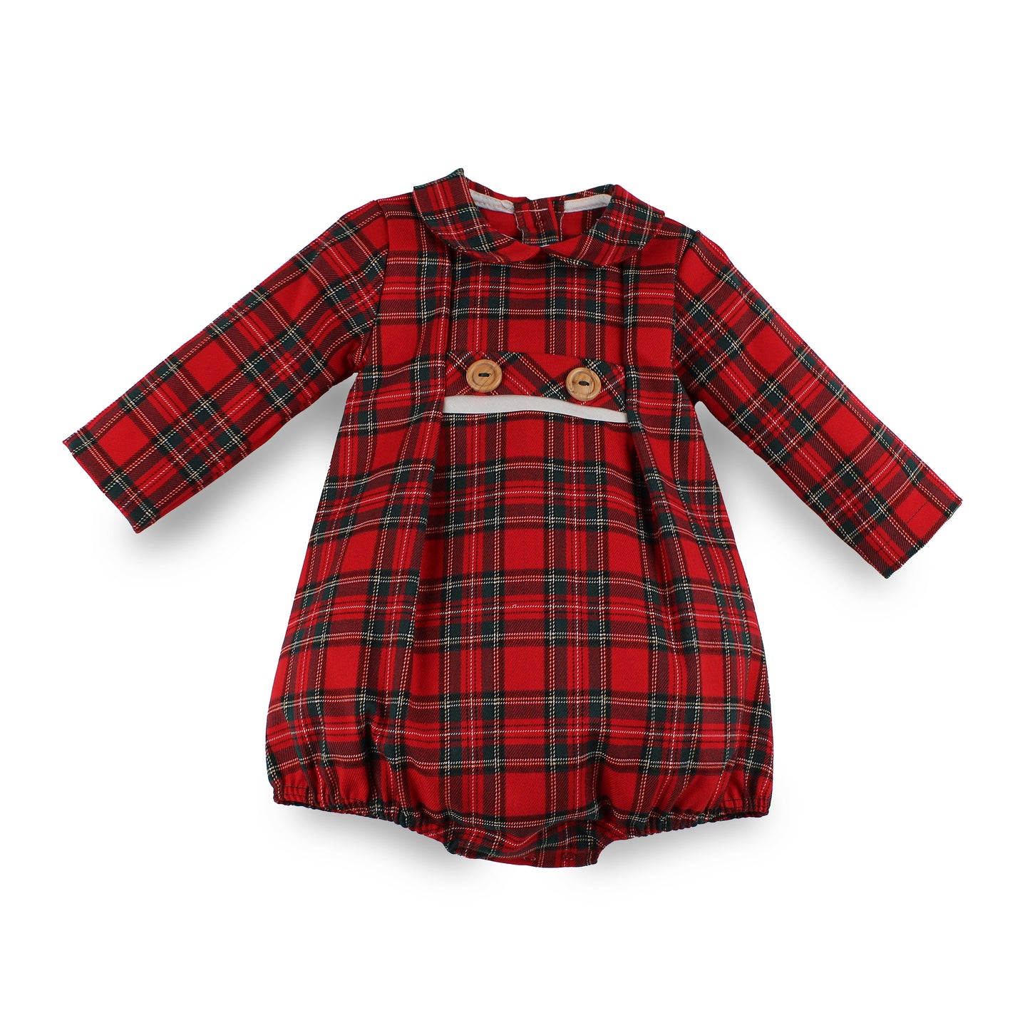 A baby long-sleeve romper in a red and black tartan plaid pattern, featuring a Peter Pan collar, two wooden buttons, and a decorative white ribbon across the chest.