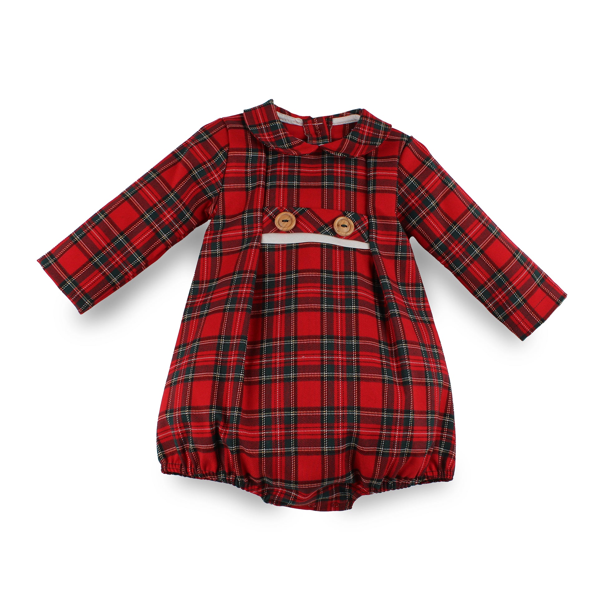 A baby long-sleeve romper in a red and black tartan plaid pattern, featuring a Peter Pan collar, two wooden buttons, and a decorative white ribbon across the chest.