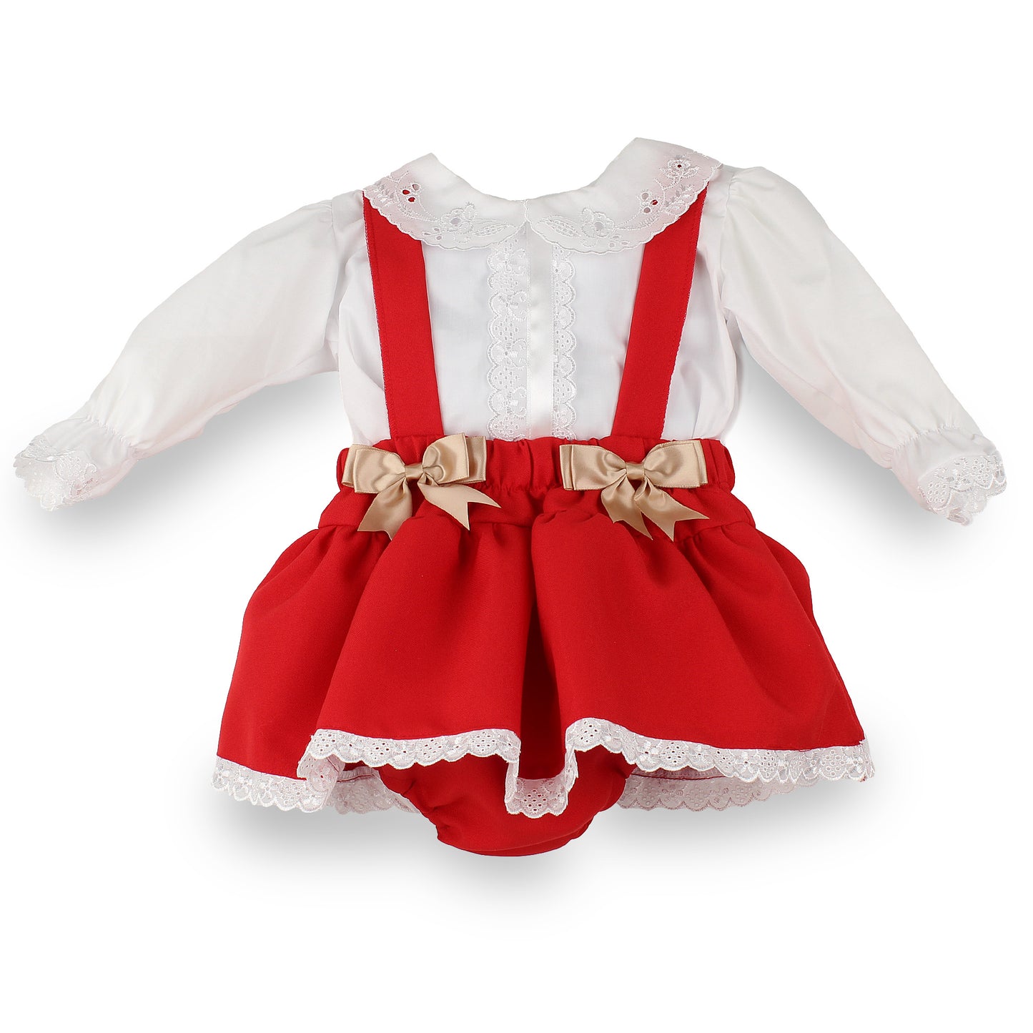 A baby girl's holiday-themed two-piece outfit featuring a white long-sleeve blouse with lace trim and a red skirt with red braces, beige bows, and white lace trim.
