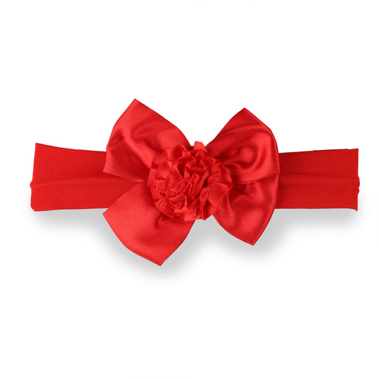 Baby Girls Satin Headband with Bow and Flower - Red