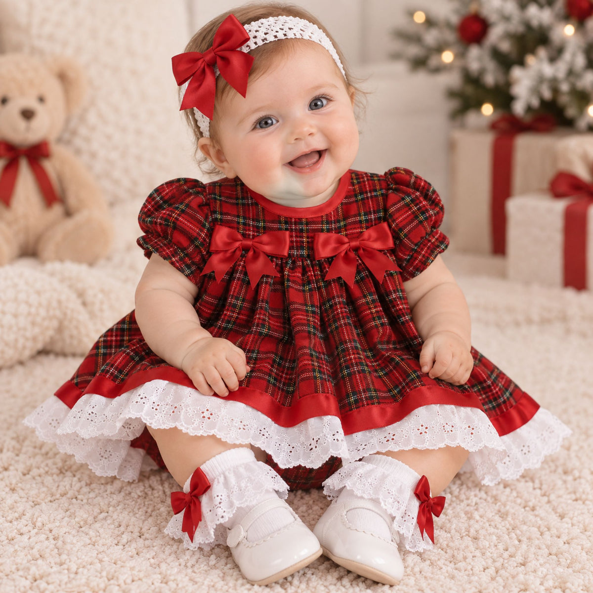 A baby girl sitting on a cream carpet wearing a red and green plaid holiday dress with white lace trim, a red bow headband, and white shoes with red bows. A teddy bear and a decorated Christmas tree are in the background.