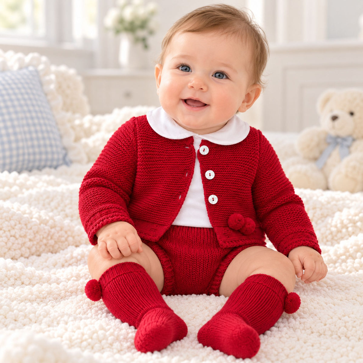 red 3 piece knitted baby set