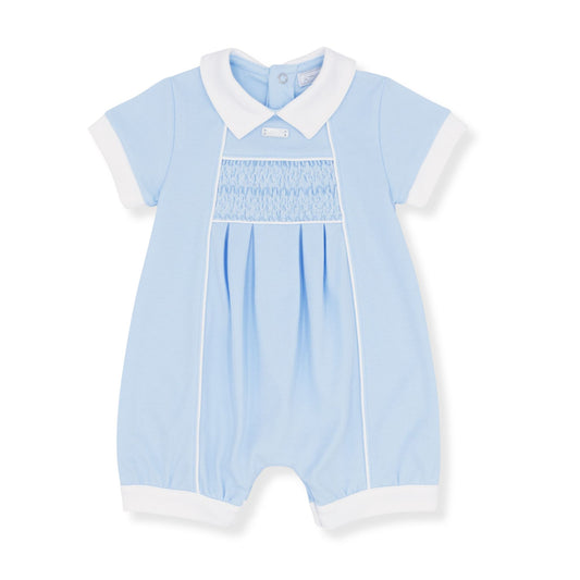 Light blue baby romper with white collar and cuffs on a white background