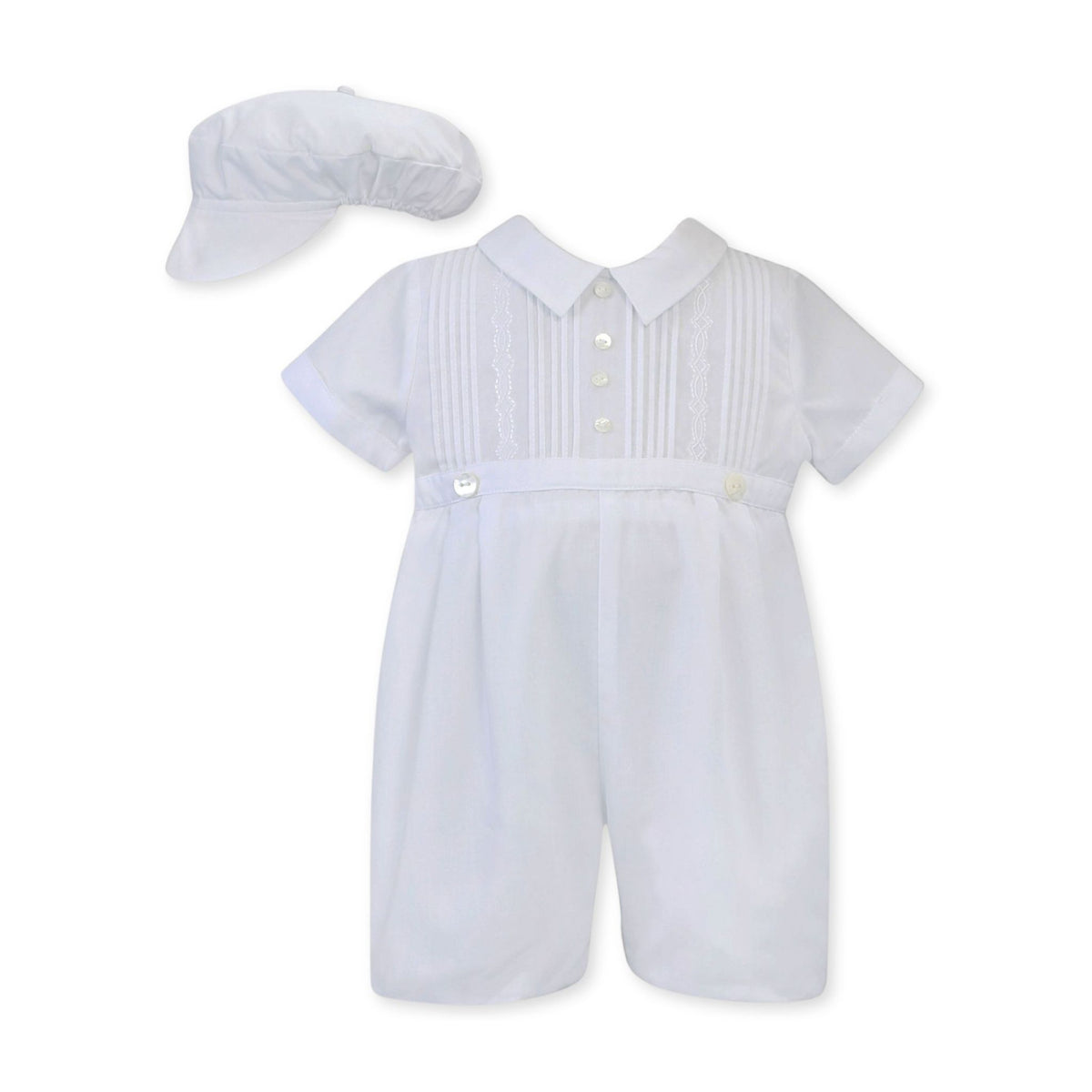 Sarah Louise White baby romper with collar and matching hat on a white background