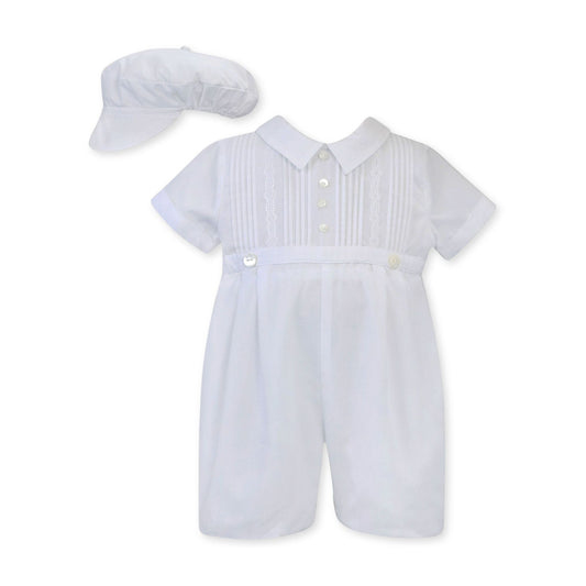 Sarah Louise White baby romper with collar and matching hat on a white background